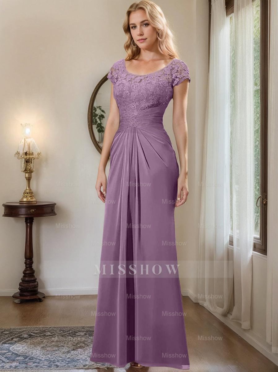 Floor-Length Chiffon Mother of the Bride Dress with Lace Ruffle and Sheath/Column Scoop