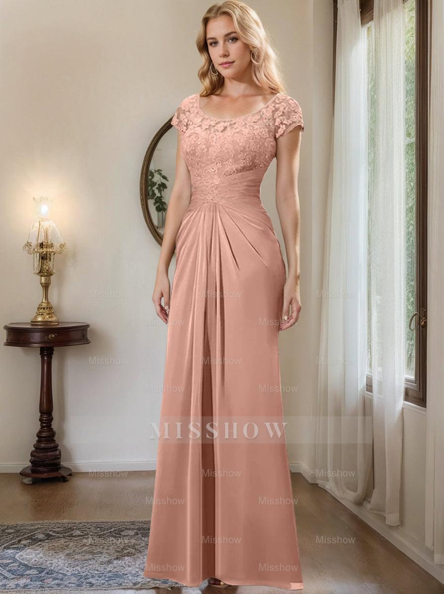 Floor-Length Chiffon Mother of the Bride Dress with Lace Ruffle and Sheath/Column Scoop