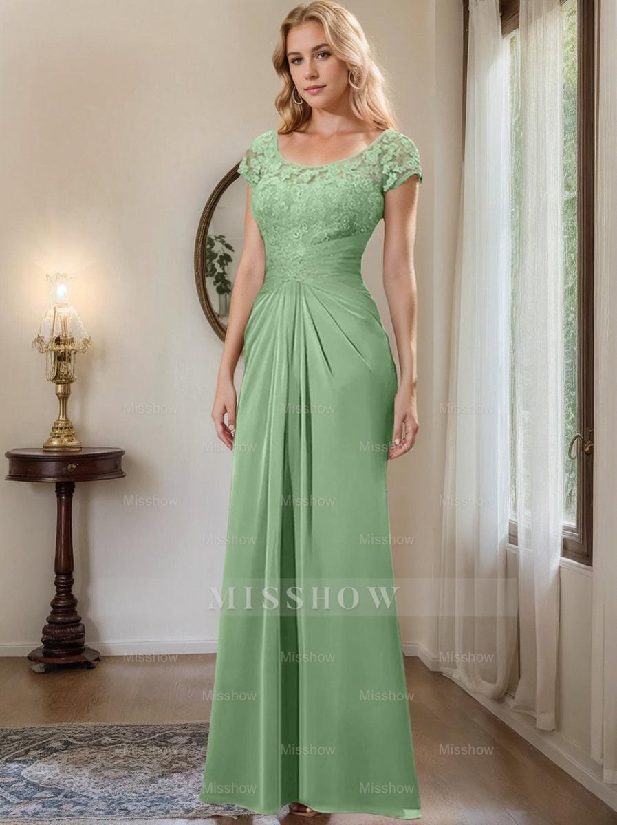 Floor-Length Chiffon Mother of the Bride Dress with Lace Ruffle and Sheath/Column Scoop