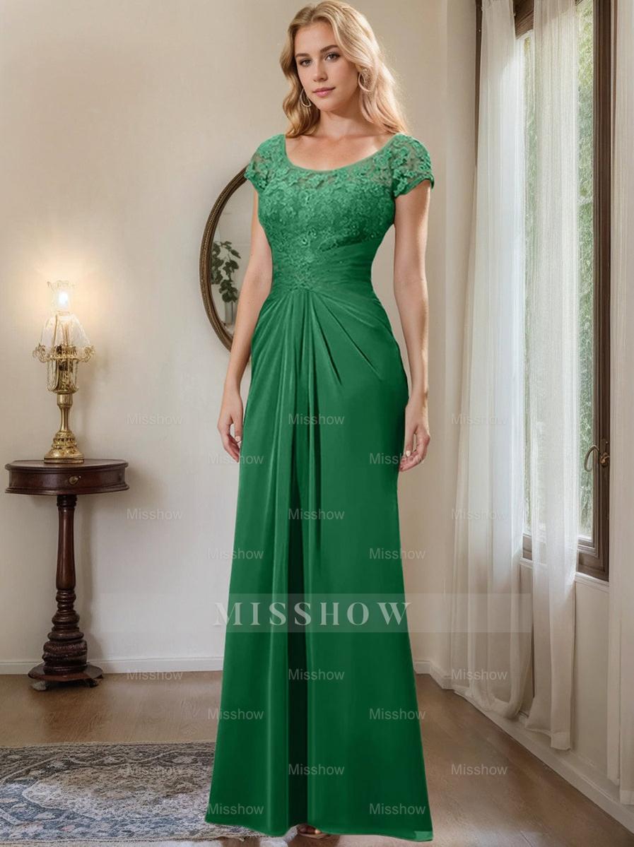 Floor-Length Chiffon Mother of the Bride Dress with Lace Ruffle and Sheath/Column Scoop