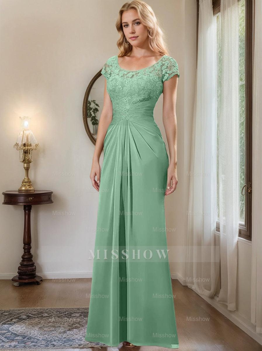 Floor-Length Chiffon Mother of the Bride Dress with Lace Ruffle and Sheath/Column Scoop