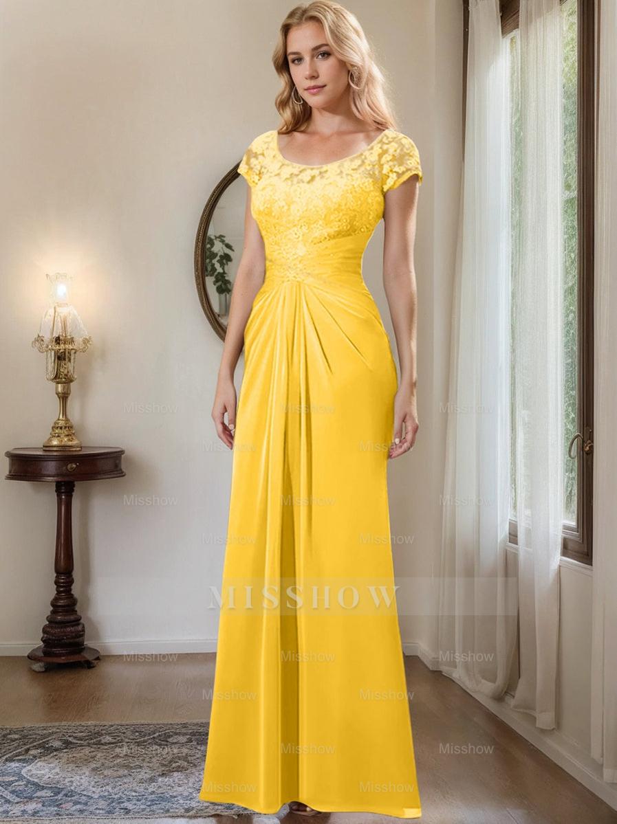 Floor-Length Chiffon Mother of the Bride Dress with Lace Ruffle and Sheath/Column Scoop