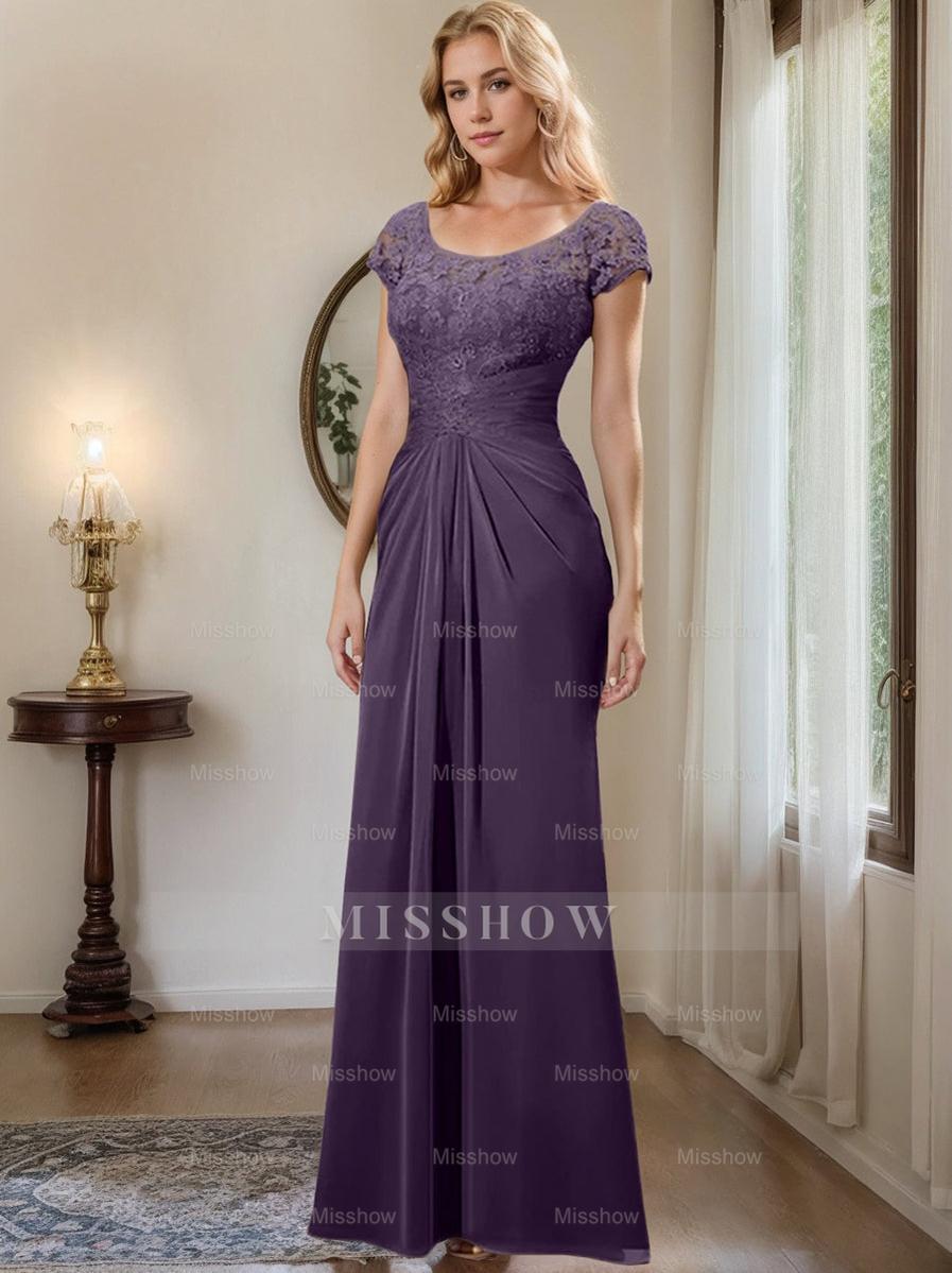 Floor-Length Chiffon Mother of the Bride Dress with Lace Ruffle and Sheath/Column Scoop