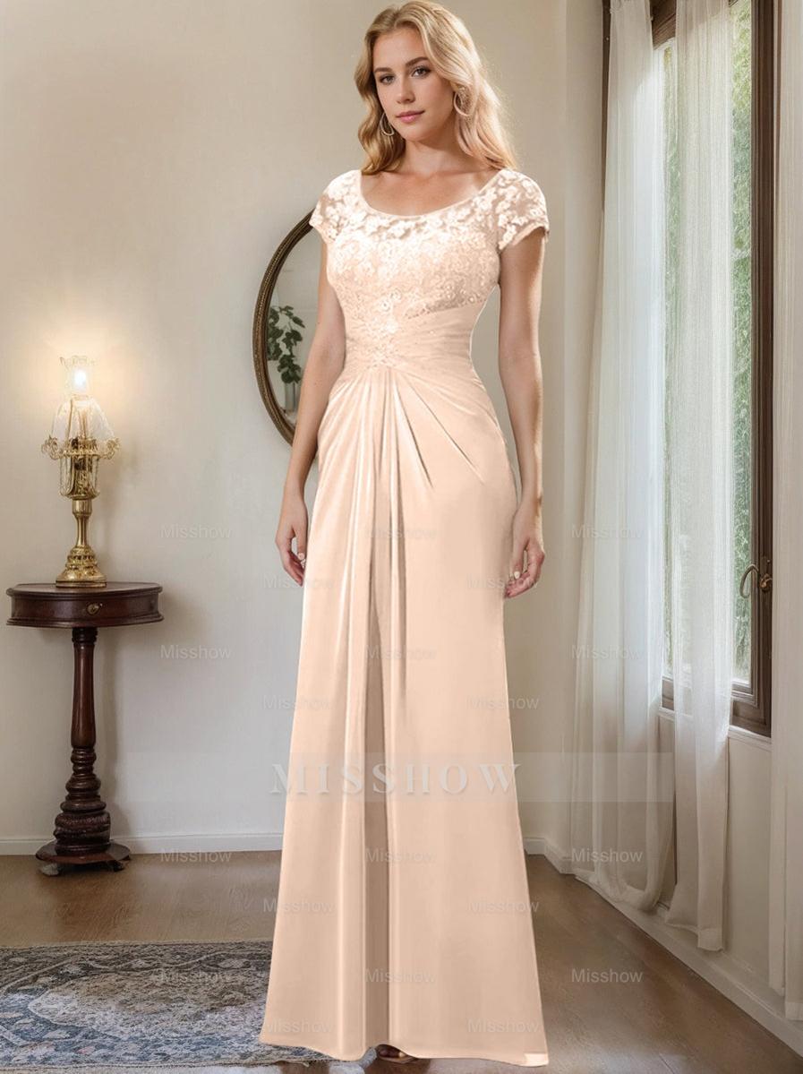 Floor-Length Chiffon Mother of the Bride Dress with Lace Ruffle and Sheath/Column Scoop