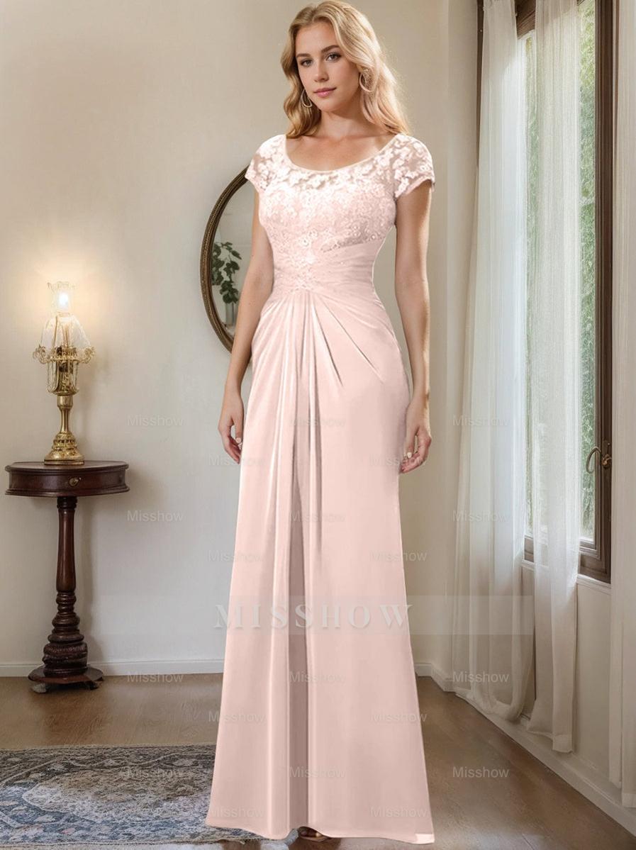 Floor-Length Chiffon Mother of the Bride Dress with Lace Ruffle and Sheath/Column Scoop