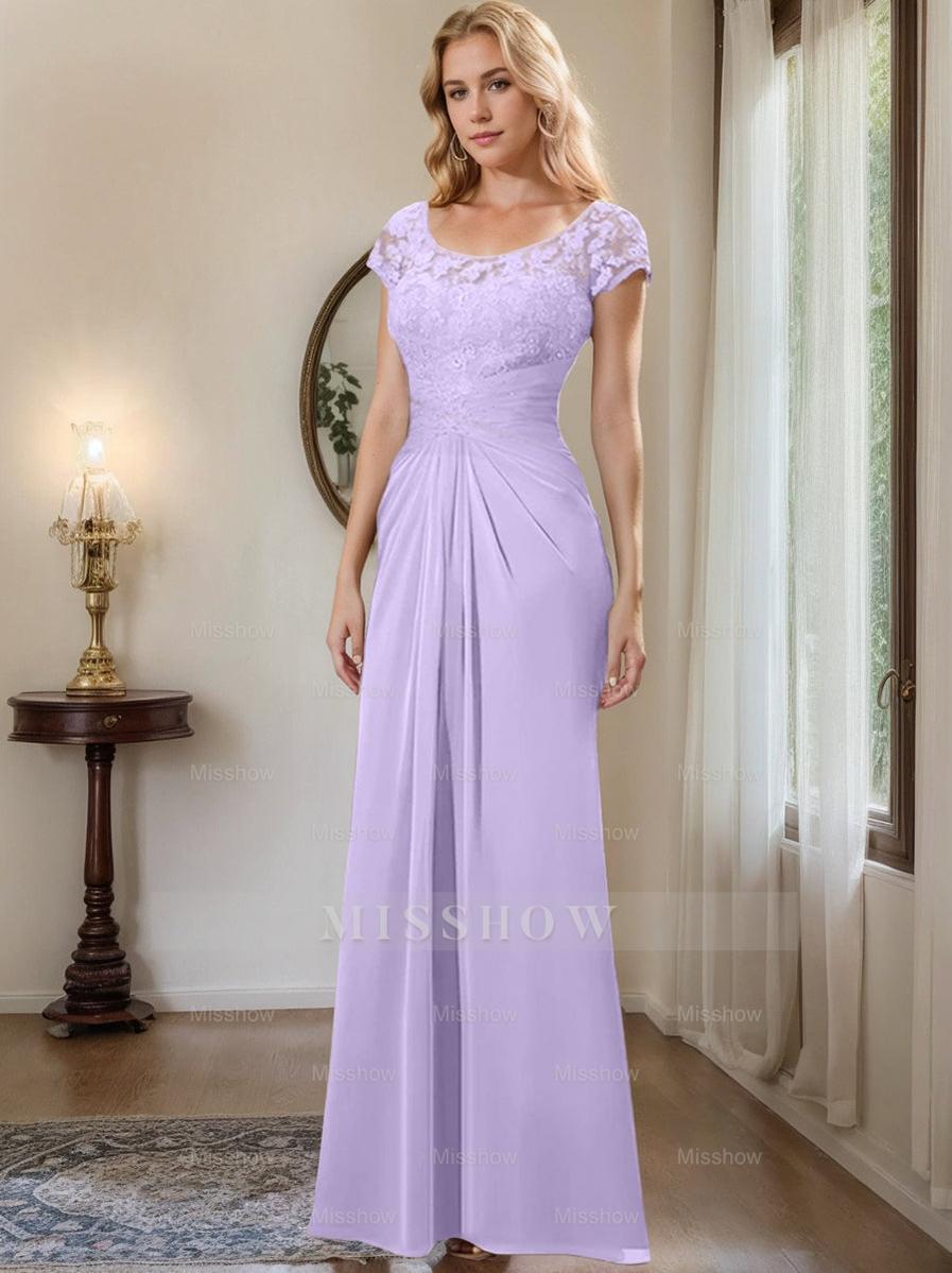 Floor-Length Chiffon Mother of the Bride Dress with Lace Ruffle and Sheath/Column Scoop