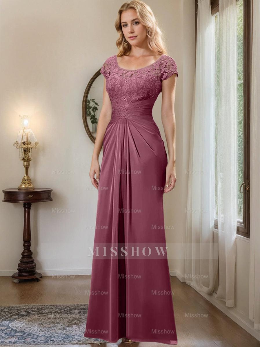 Floor-Length Chiffon Mother of the Bride Dress with Lace Ruffle and Sheath/Column Scoop