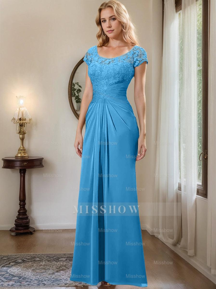 Floor-Length Chiffon Mother of the Bride Dress with Lace Ruffle and Sheath/Column Scoop