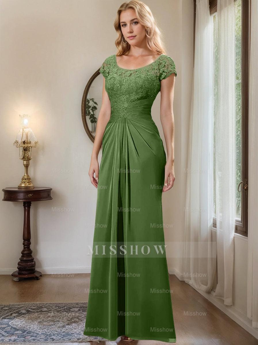 Floor-Length Chiffon Mother of the Bride Dress with Lace Ruffle and Sheath/Column Scoop