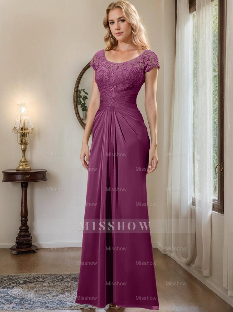Floor-Length Chiffon Mother of the Bride Dress with Lace Ruffle and Sheath/Column Scoop