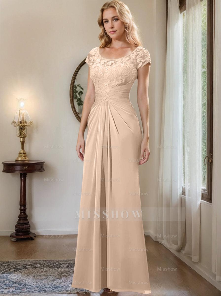 Floor-Length Chiffon Mother of the Bride Dress with Lace Ruffle and Sheath/Column Scoop