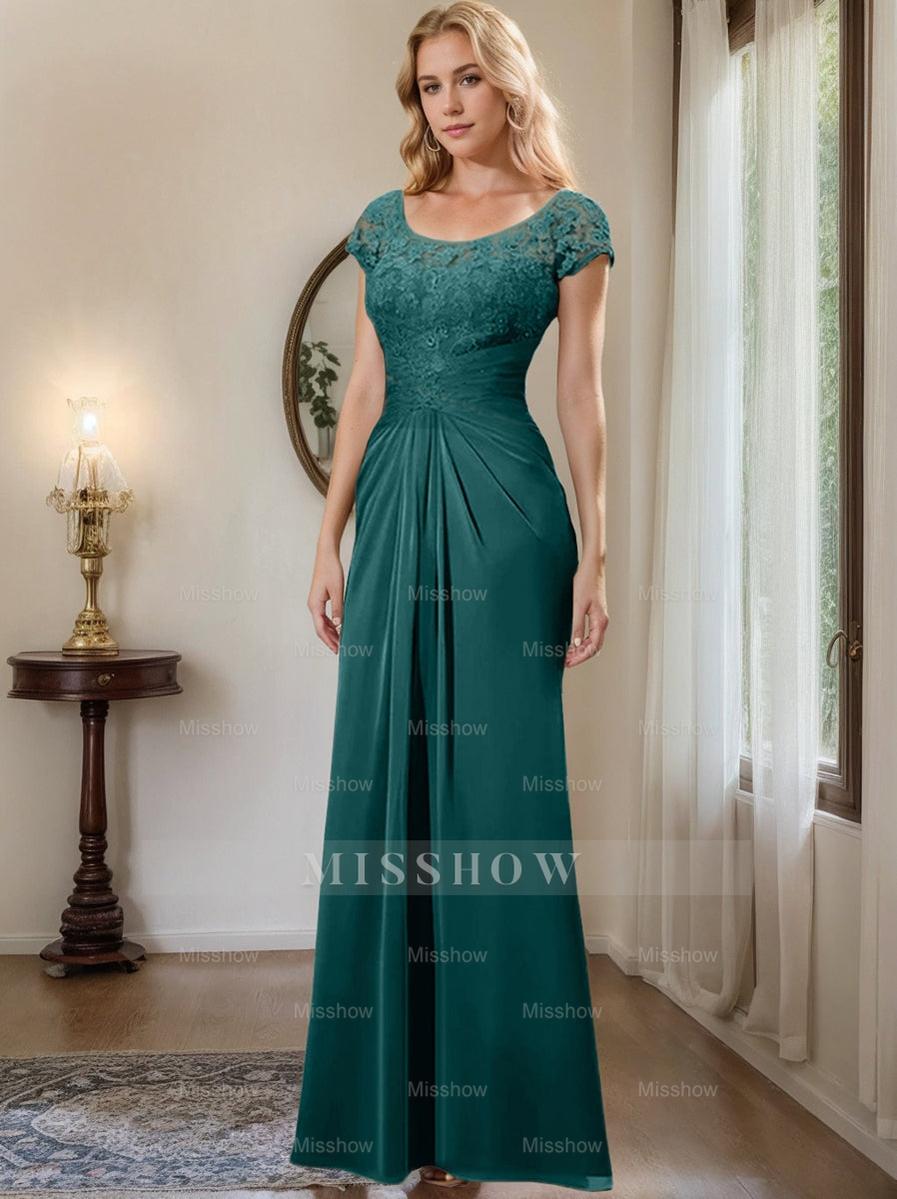 Floor-Length Chiffon Mother of the Bride Dress with Lace Ruffle and Sheath/Column Scoop