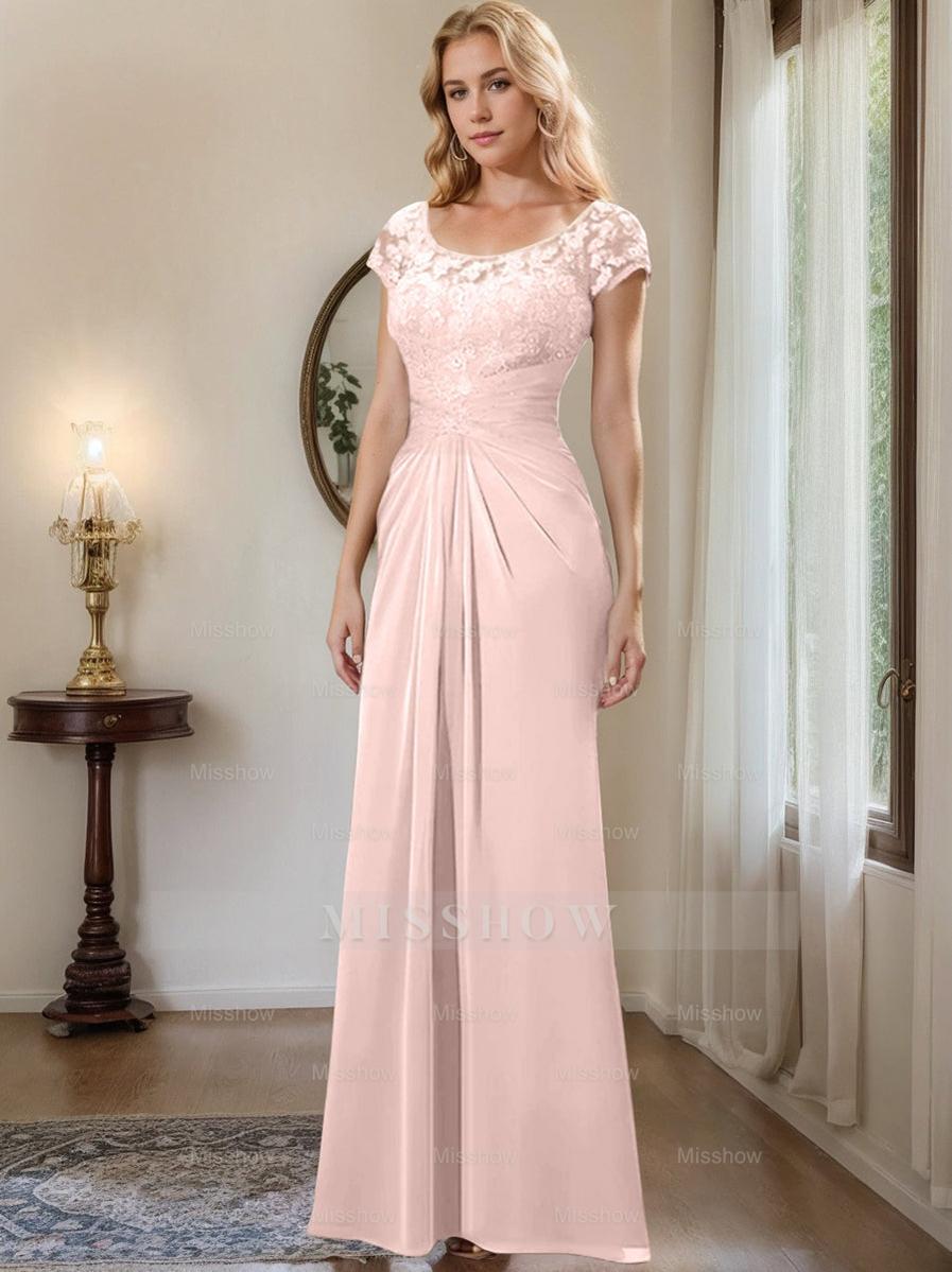 Floor-Length Chiffon Mother of the Bride Dress with Lace Ruffle and Sheath/Column Scoop