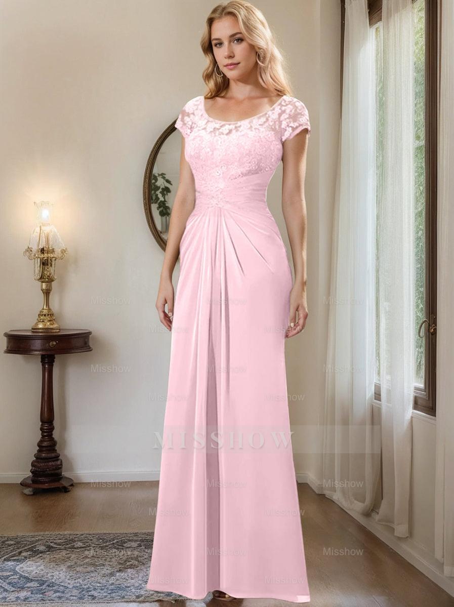 Floor-Length Chiffon Mother of the Bride Dress with Lace Ruffle and Sheath/Column Scoop