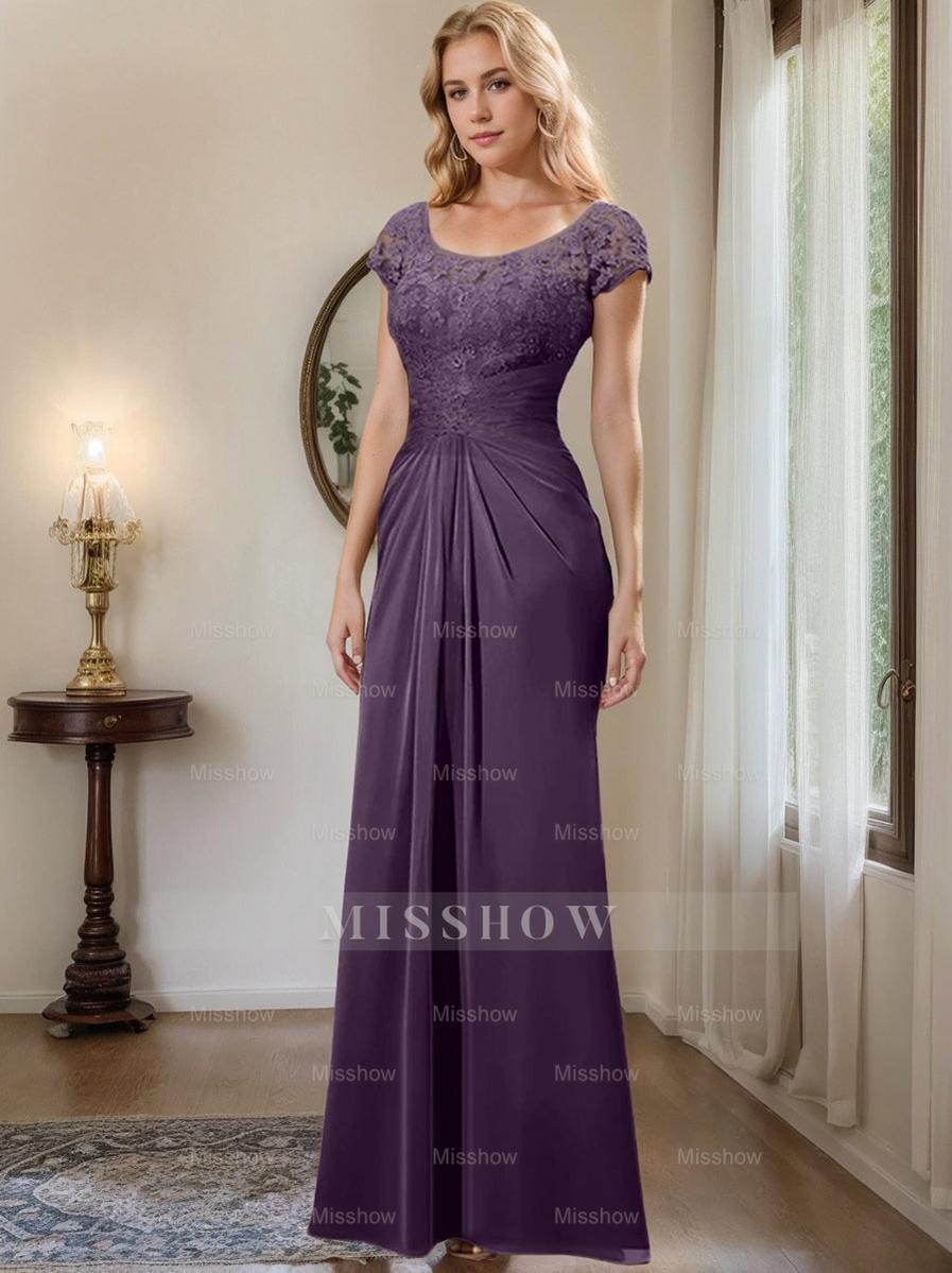 Floor-Length Chiffon Mother of the Bride Dress with Lace Ruffle and Sheath/Column Scoop