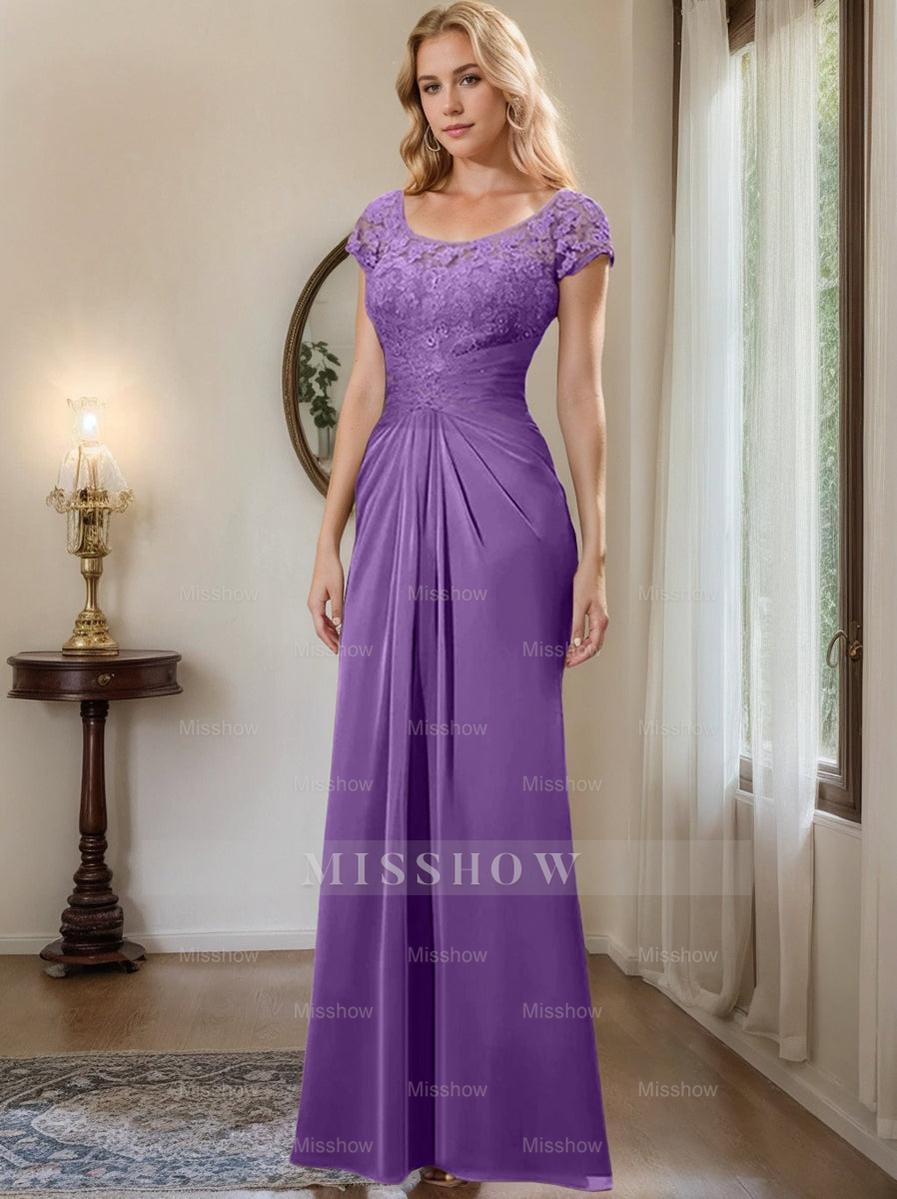 Floor-Length Chiffon Mother of the Bride Dress with Lace Ruffle and Sheath/Column Scoop