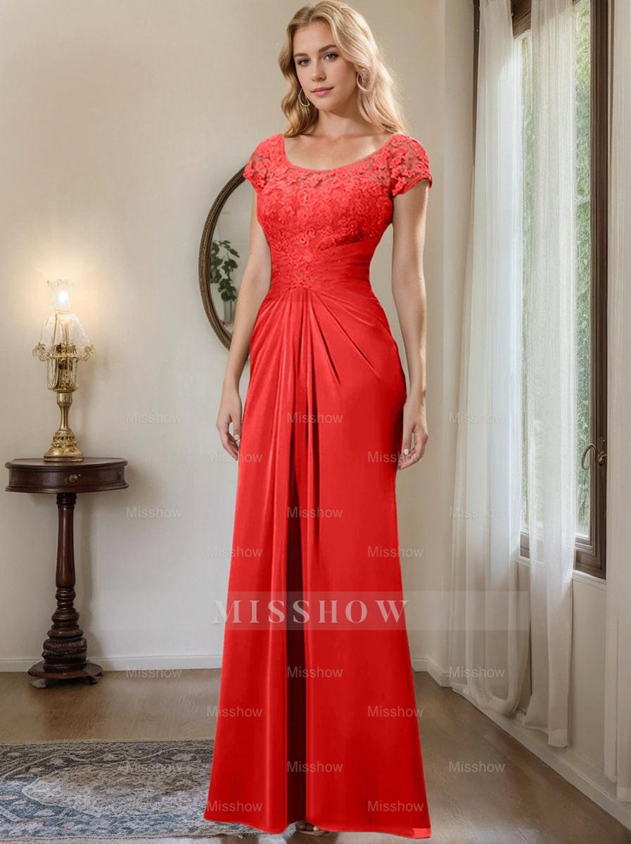 Floor-Length Chiffon Mother of the Bride Dress with Lace Ruffle and Sheath/Column Scoop