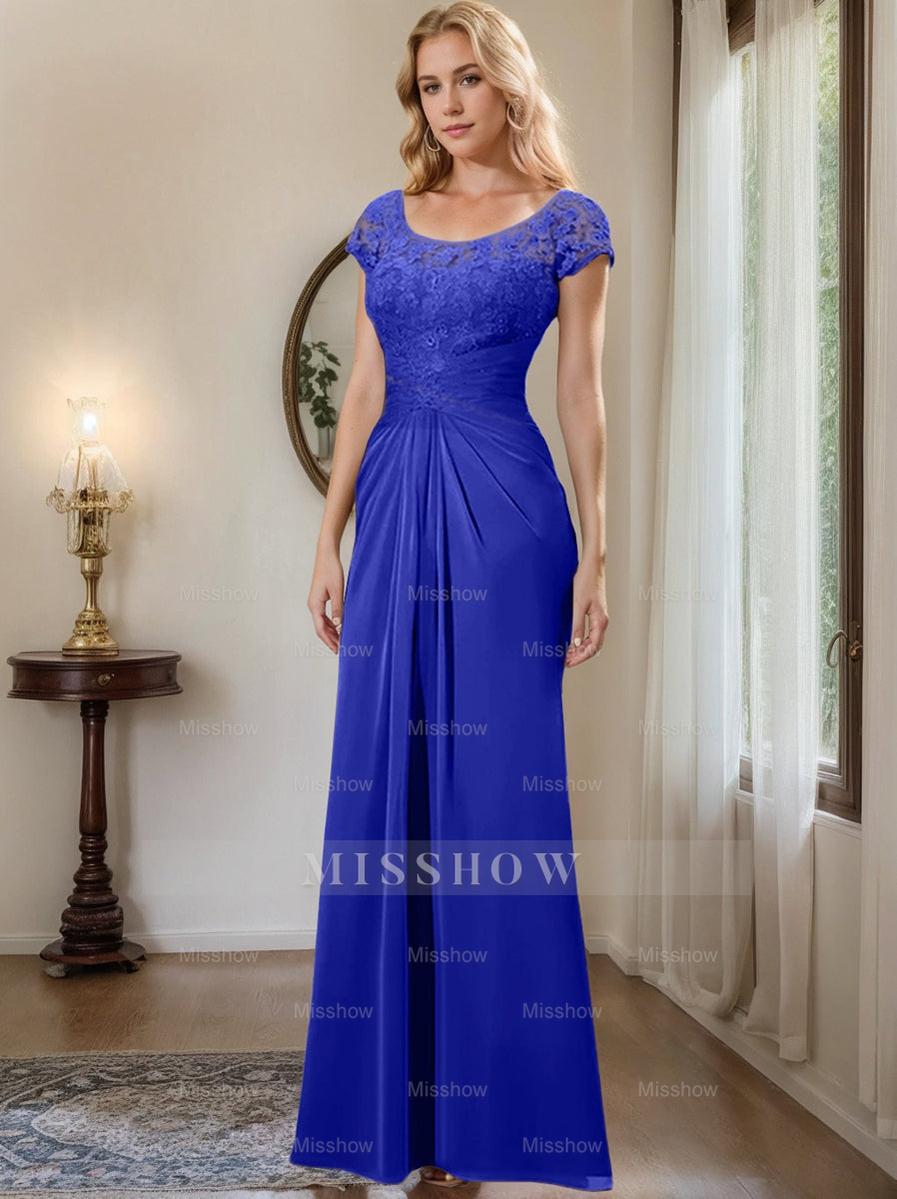 Floor-Length Chiffon Mother of the Bride Dress with Lace Ruffle and Sheath/Column Scoop