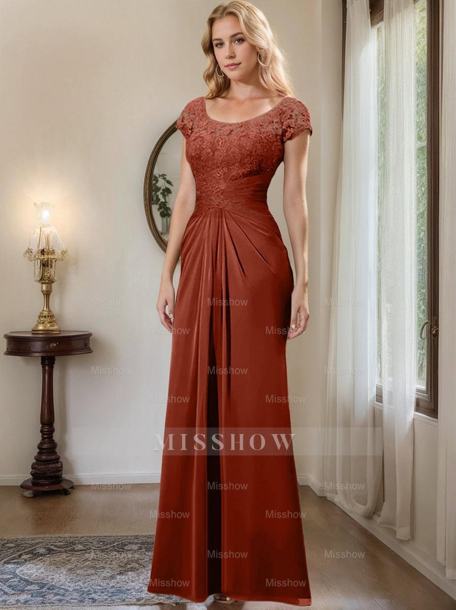Floor-Length Chiffon Mother of the Bride Dress with Lace Ruffle and Sheath/Column Scoop