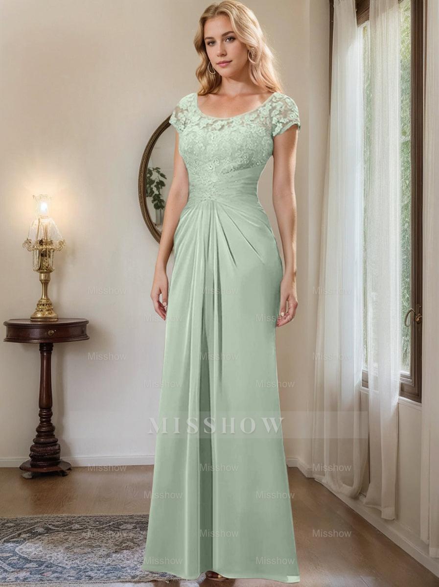 Floor-Length Chiffon Mother of the Bride Dress with Lace Ruffle and Sheath/Column Scoop
