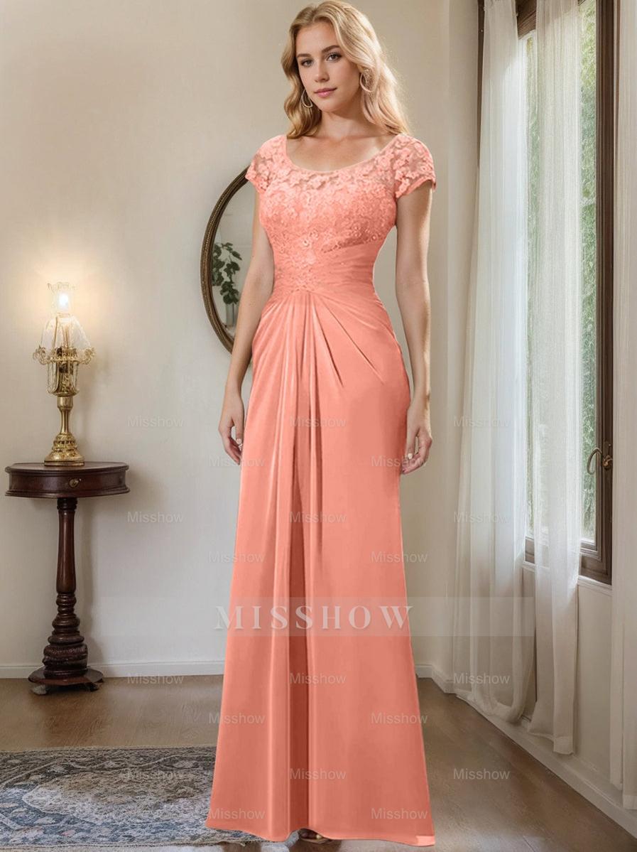 Floor-Length Chiffon Mother of the Bride Dress with Lace Ruffle and Sheath/Column Scoop