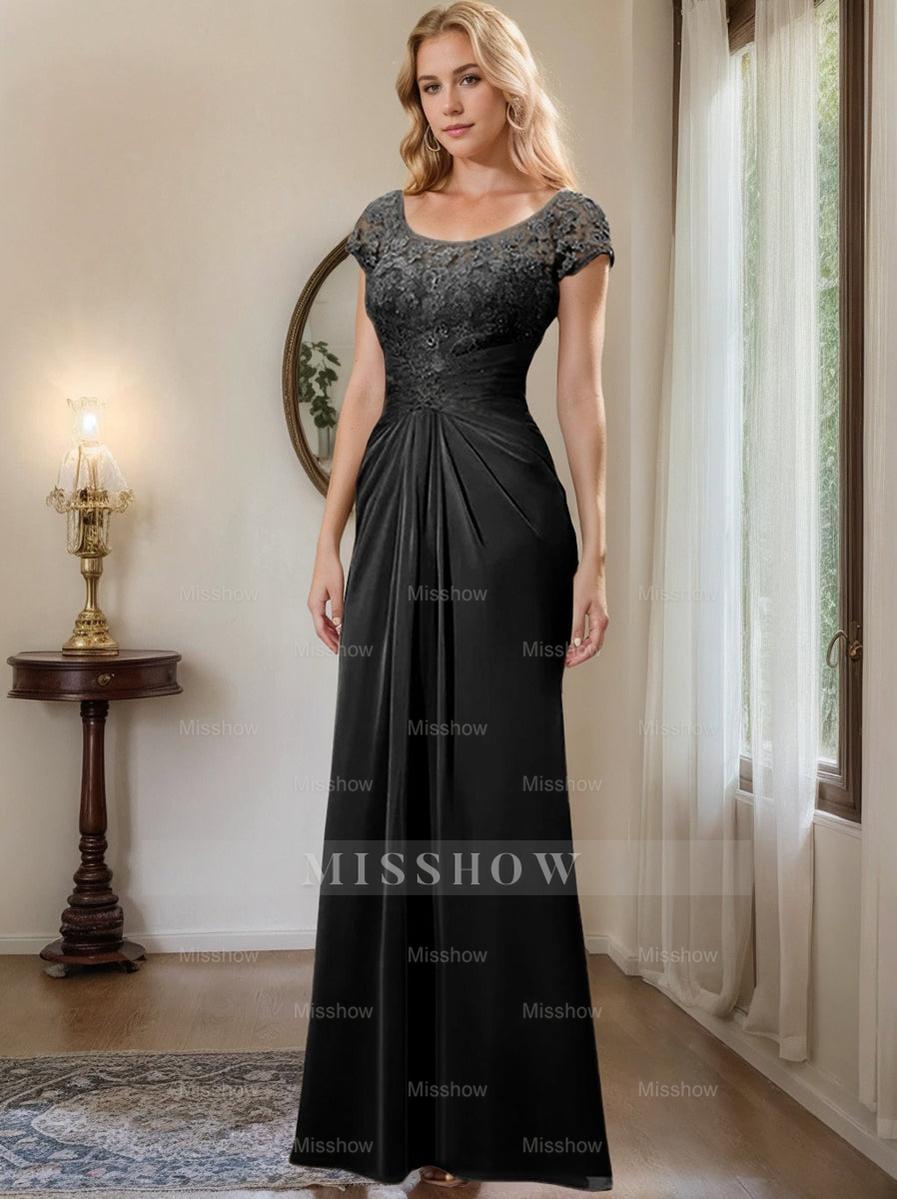 Floor-Length Chiffon Mother of the Bride Dress with Lace Ruffle and Sheath/Column Scoop