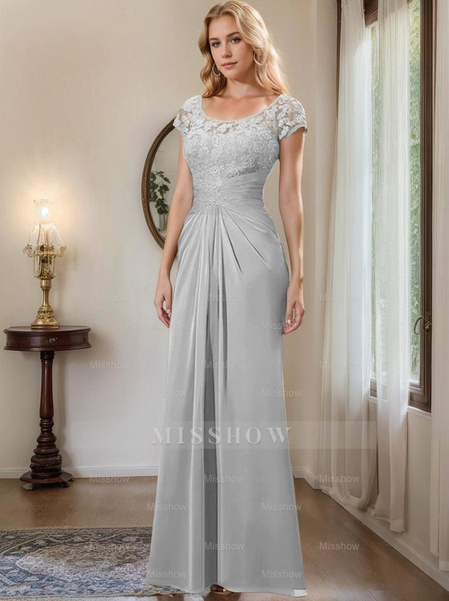 Floor-Length Chiffon Mother of the Bride Dress with Lace Ruffle and Sheath/Column Scoop
