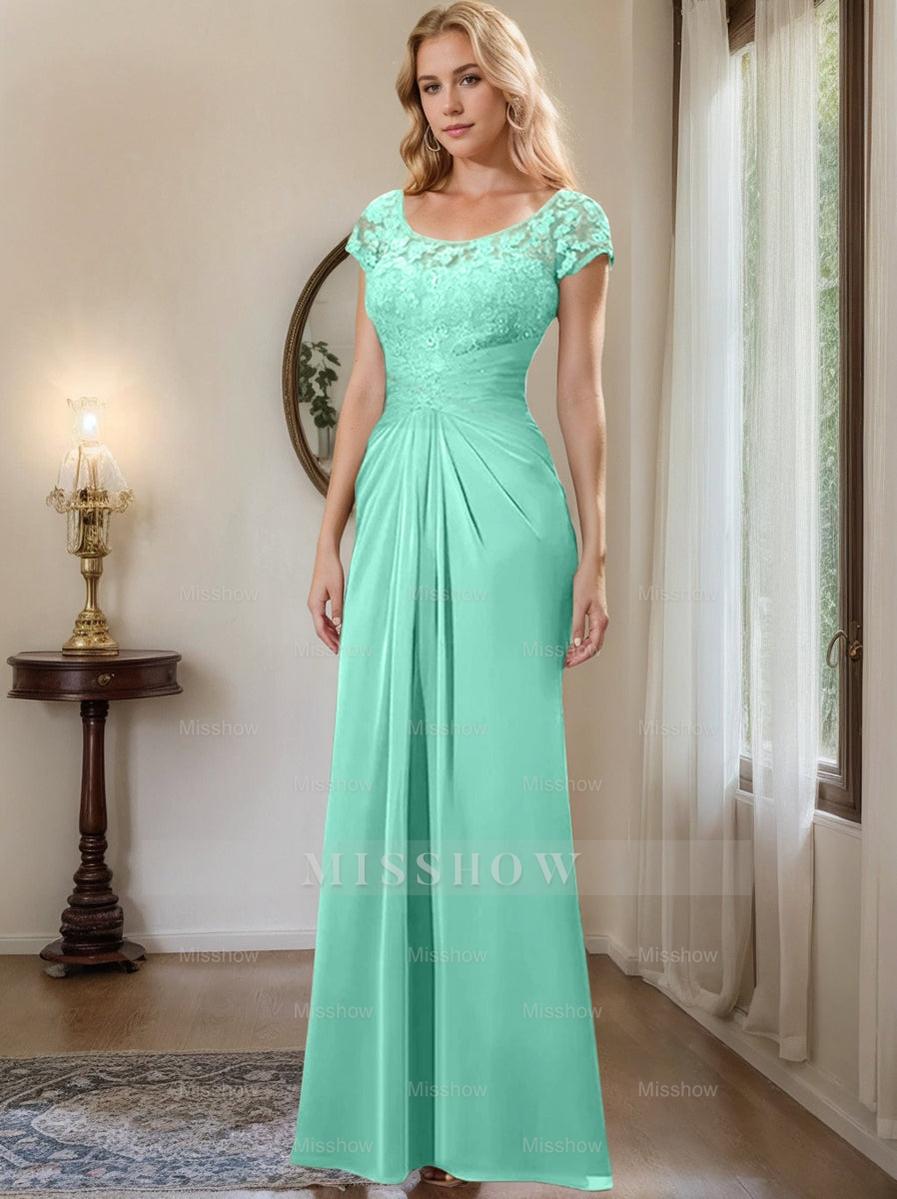 Floor-Length Chiffon Mother of the Bride Dress with Lace Ruffle and Sheath/Column Scoop