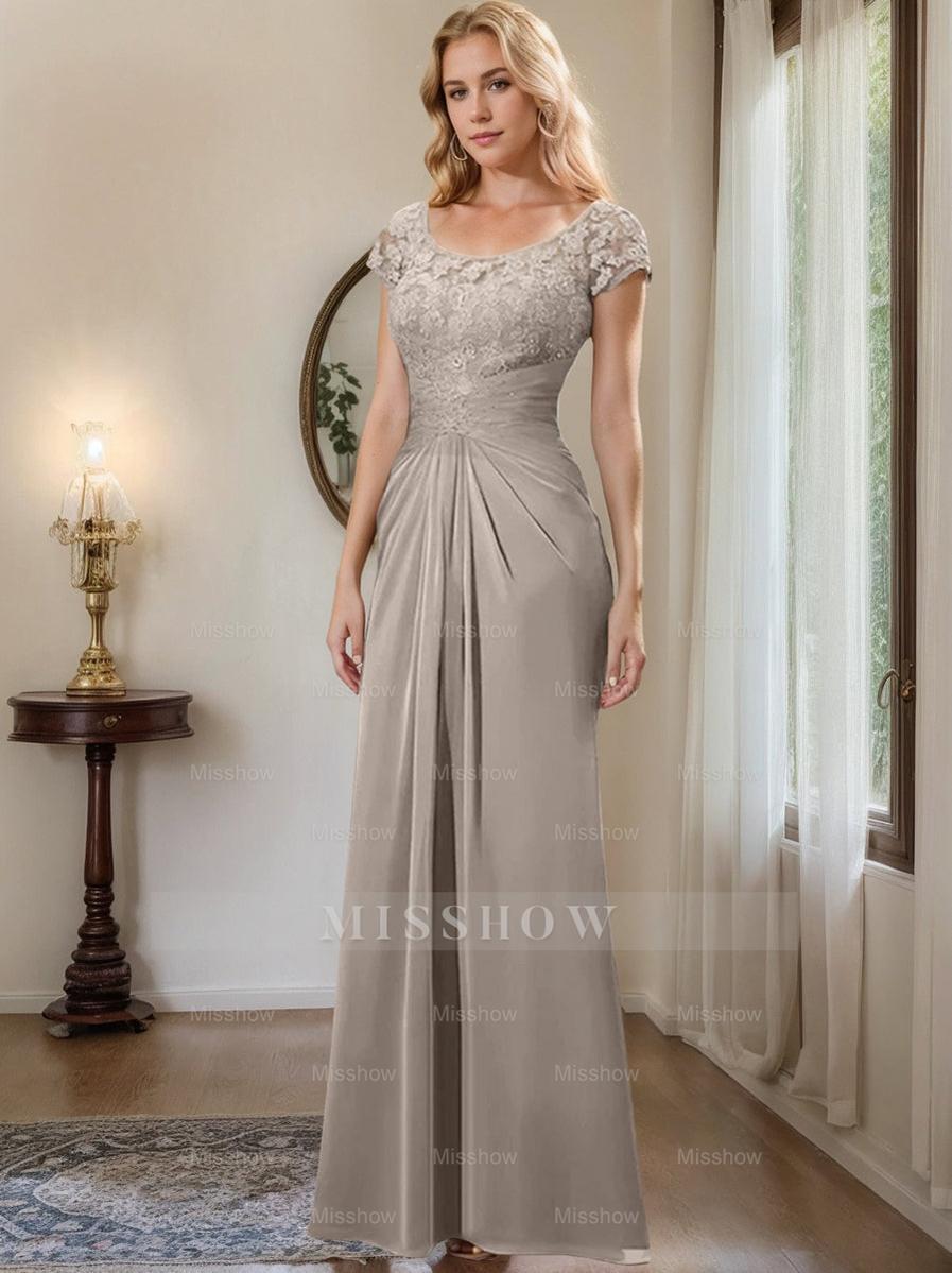 Floor-Length Chiffon Mother of the Bride Dress with Lace Ruffle and Sheath/Column Scoop