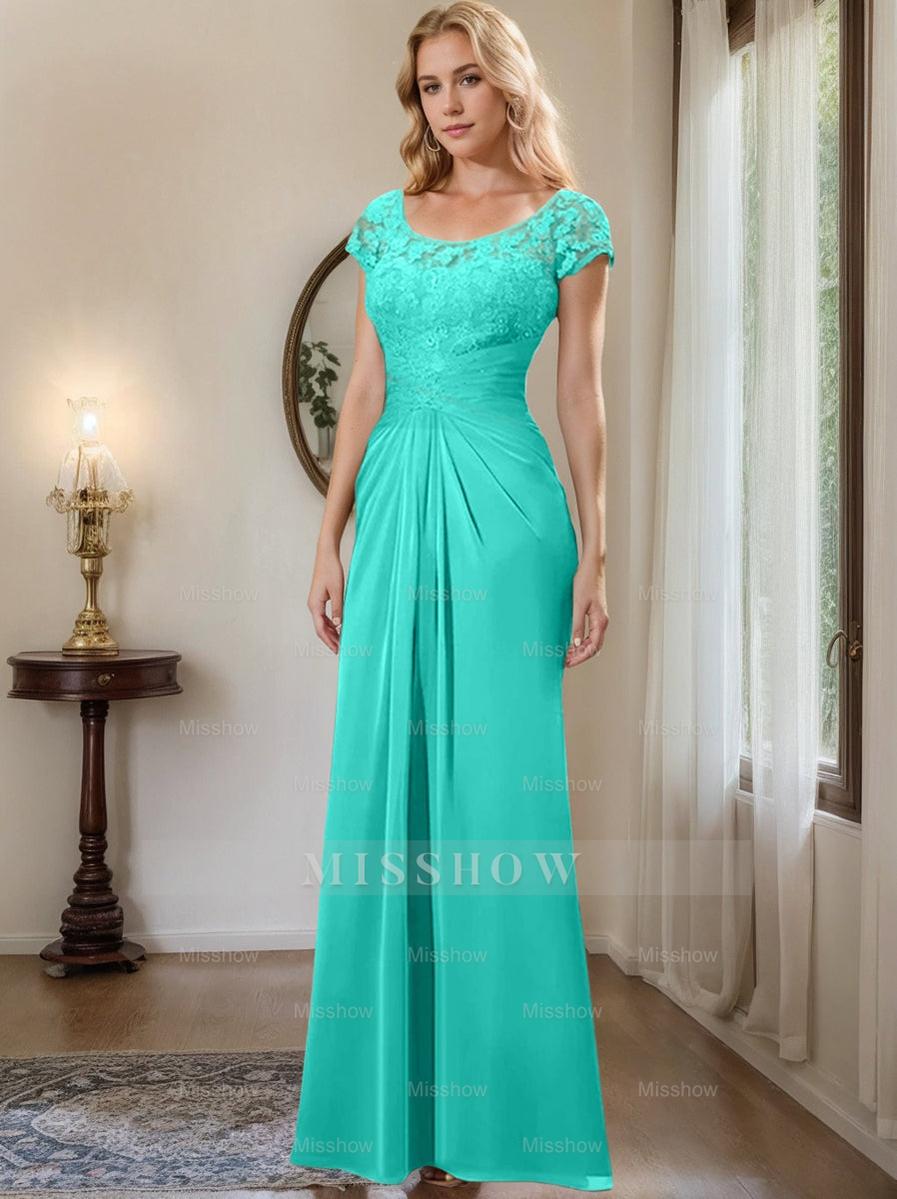 Floor-Length Chiffon Mother of the Bride Dress with Lace Ruffle and Sheath/Column Scoop
