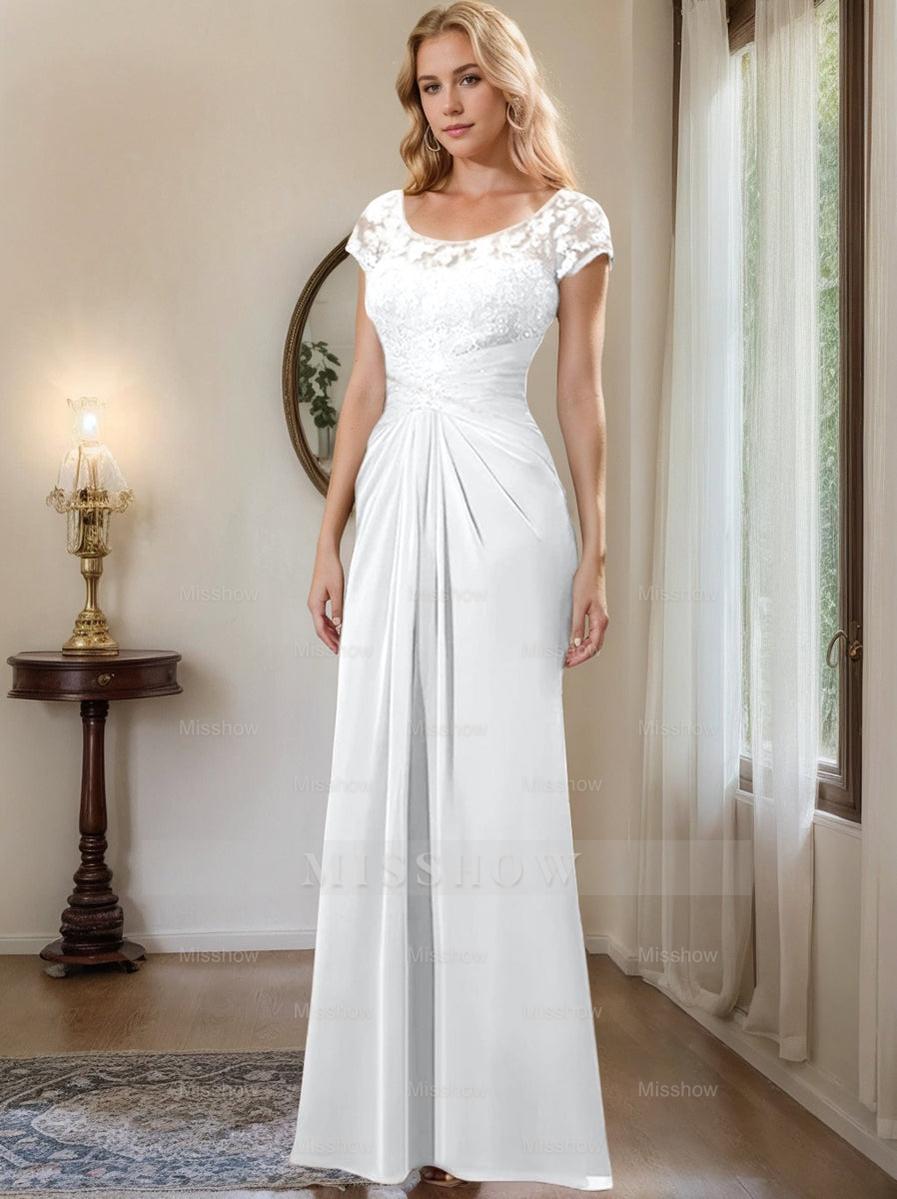 Floor-Length Chiffon Mother of the Bride Dress with Lace Ruffle and Sheath/Column Scoop