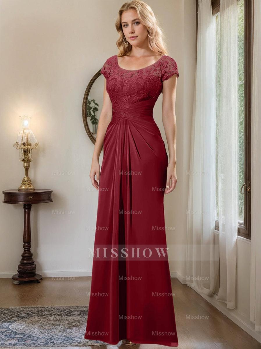 Floor-Length Chiffon Mother of the Bride Dress with Lace Ruffle and Sheath/Column Scoop