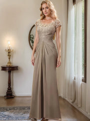 Floor-Length Chiffon Mother of the Bride Dress with Lace Ruffle and Sheath/Column Scoop