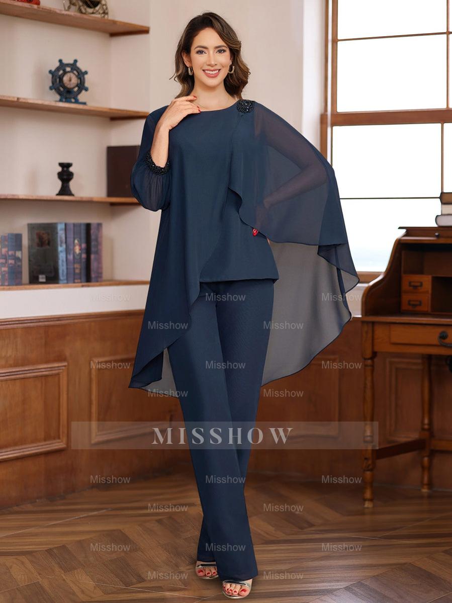 Floor-Length Chiffon Mother of the Bride Pantsuits with Ruffles Sequins and Beading - 2 Pieces