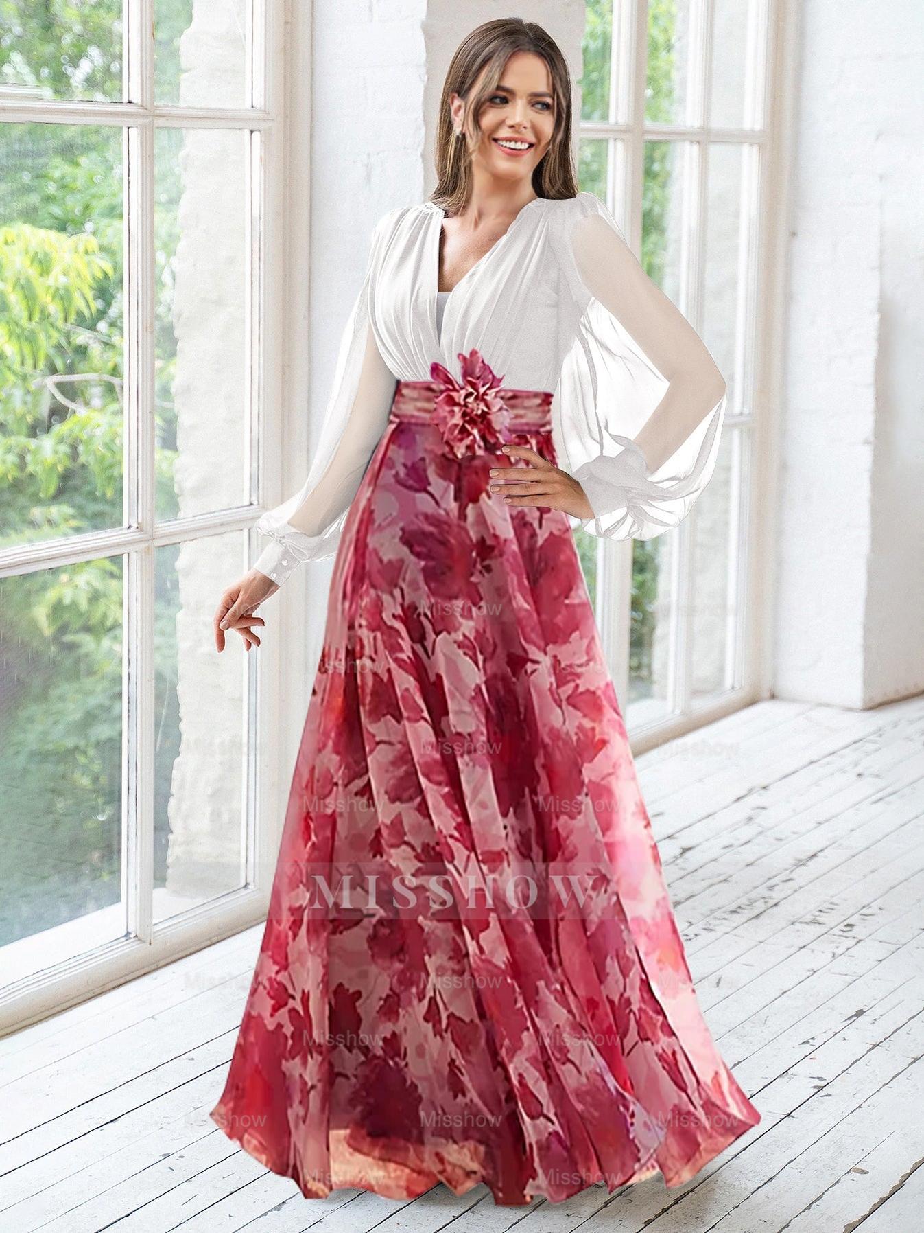 Floor-Length Floral Mother of the Bride Princess V-Neck A-Line Dress With Long Sleeves and Flower