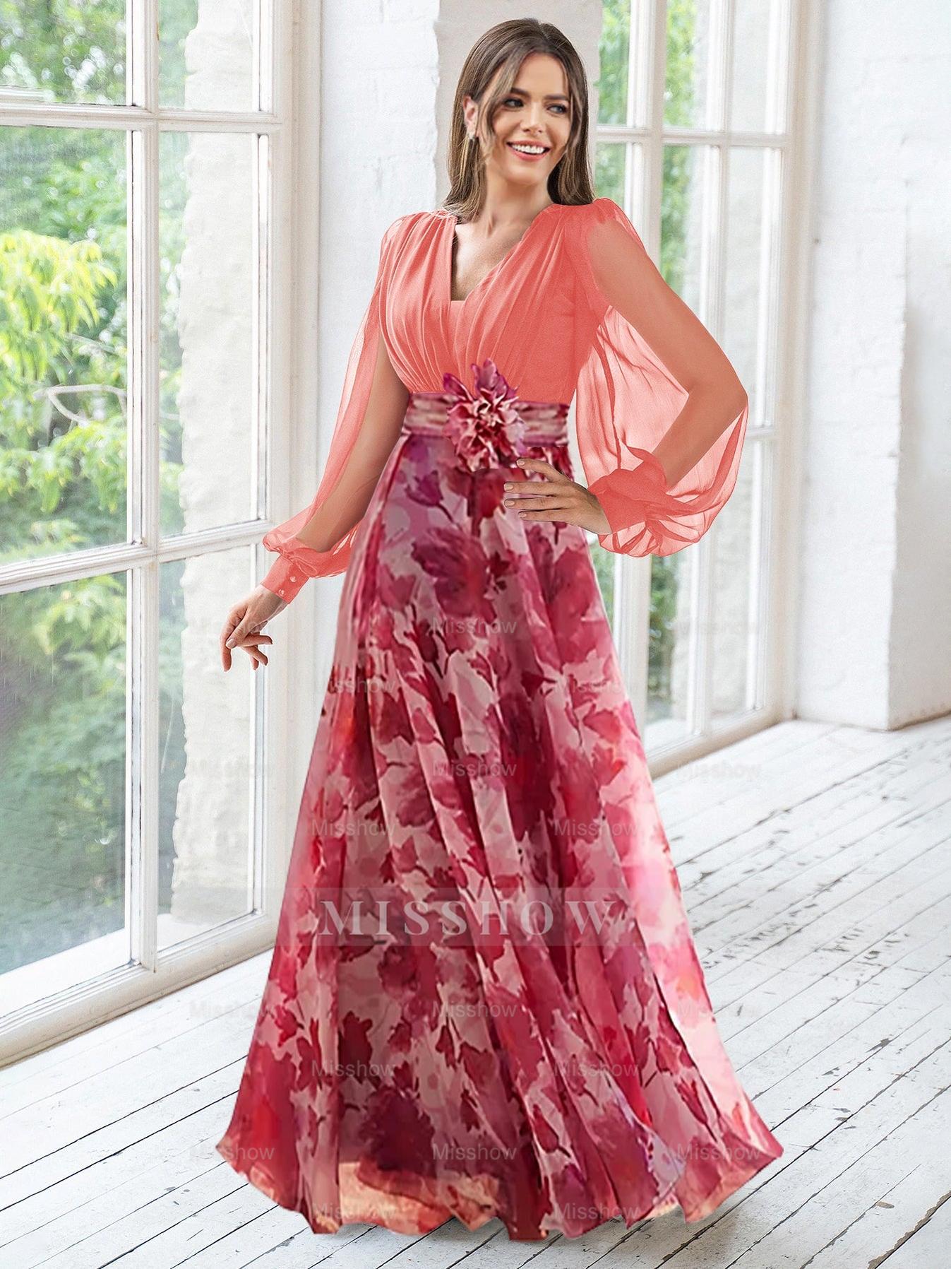 Floor-Length Floral Mother of the Bride Princess V-Neck A-Line Dress With Long Sleeves and Flower