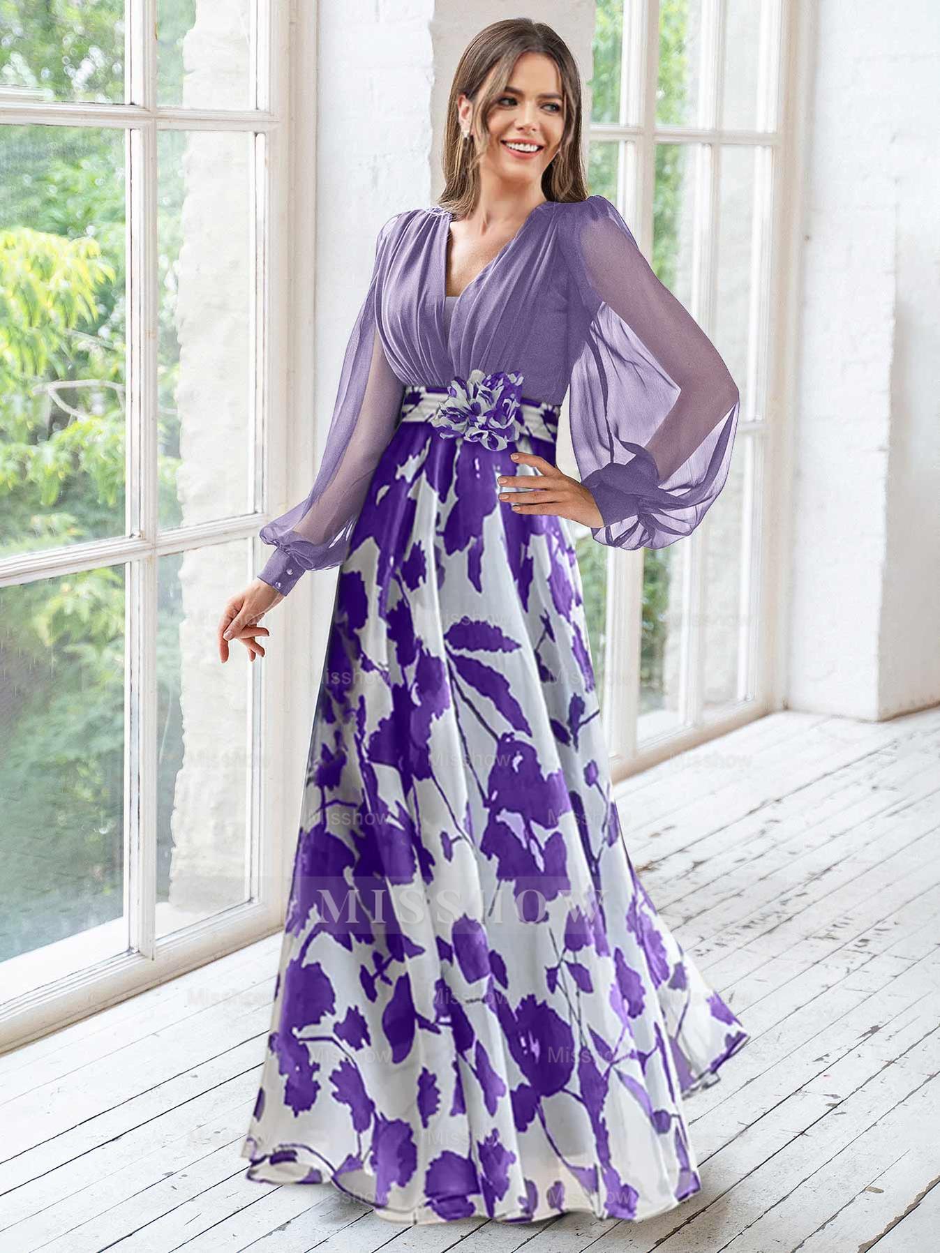 Floor-Length Floral Mother of the Bride Princess V-Neck A-Line Dress With Long Sleeves and Flower