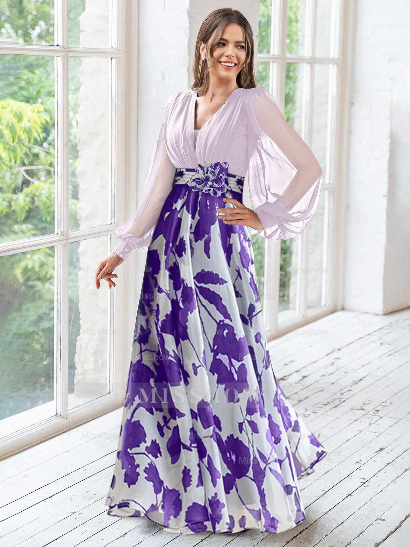 Floor-Length Floral Mother of the Bride Princess V-Neck A-Line Dress With Long Sleeves and Flower