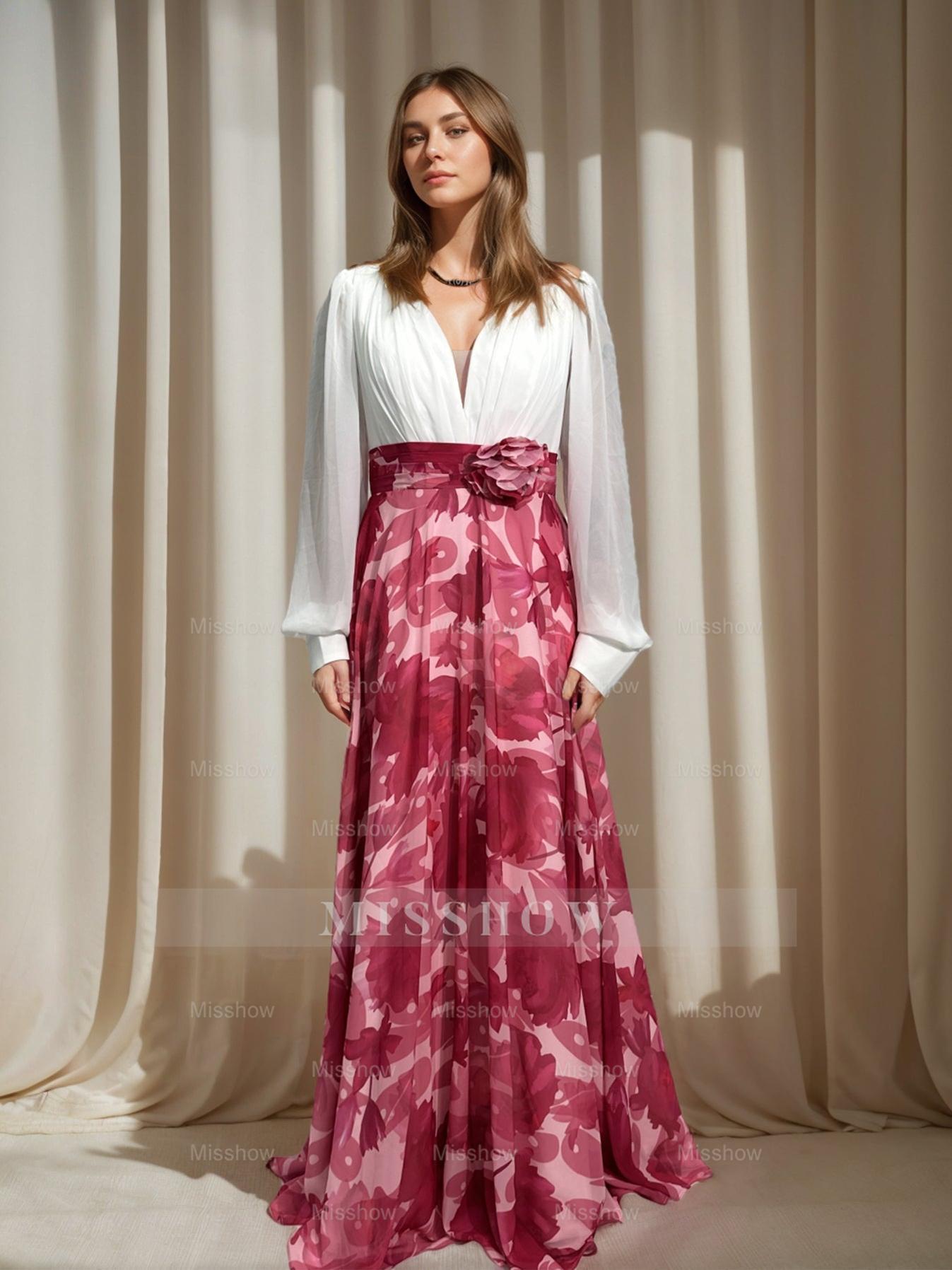 Floor-Length Floral Mother of the Bride Princess V-Neck A-Line Dress With Long Sleeves and Flower