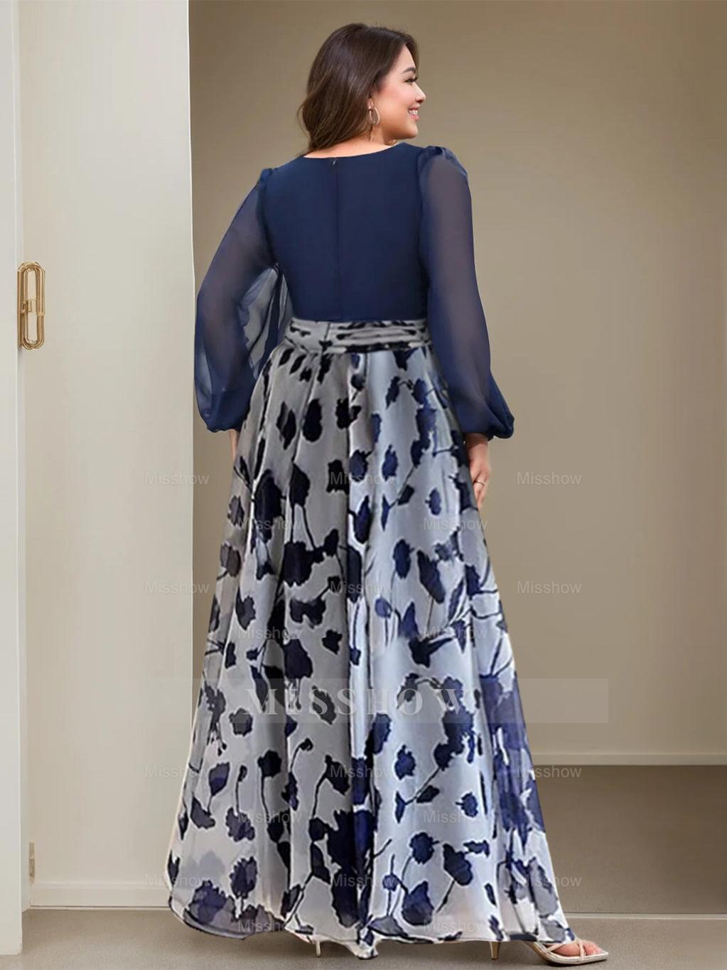 Floor-Length Floral Mother of the Bride Princess V-Neck A-Line Dress With Long Sleeves and Flower