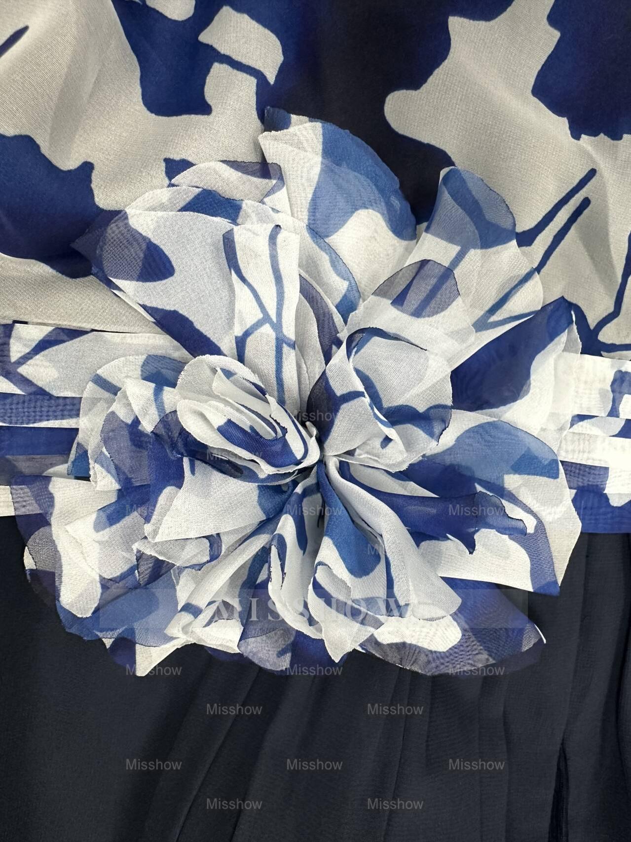 Floor-Length Floral Mother of the Bride Princess V-Neck A-Line Dress With Long Sleeves and Flower