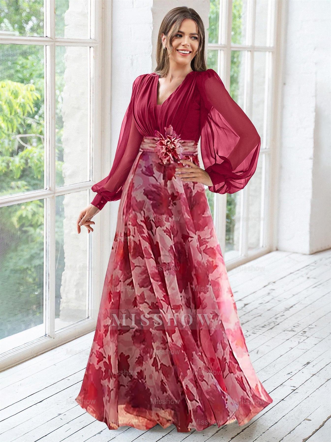 Floor-Length Floral Mother of the Bride Princess V-Neck A-Line Dress With Long Sleeves and Flower