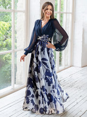Floor-Length Floral Mother of the Bride Princess V-Neck A-Line Dress With Long Sleeves and Flower