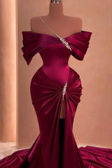 Floor-Length Mermaid Off-The-Shoulder Split Front Stain Prom Evening Dresses with Beadings