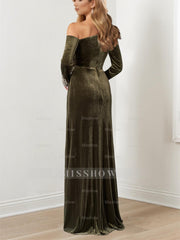 Floor-Length Mother of the Bride A-Line Dress with Beaded Cuffs and Asymmetrical Neckline