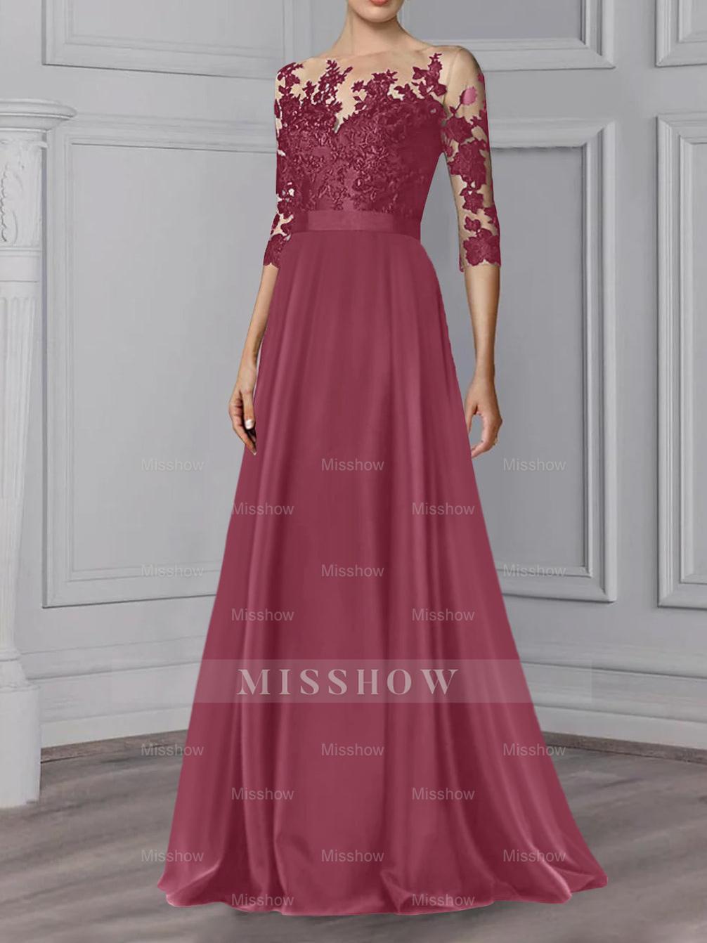 Floor-Length Mother of the Bride A-Line Dress with Jewel Neck and 3/4 Sleeves