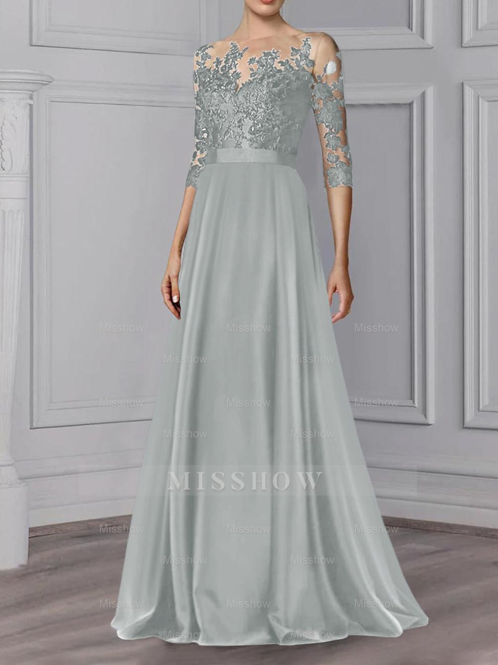 Floor-Length Mother of the Bride A-Line Dress with Jewel Neck and 3/4 Sleeves
