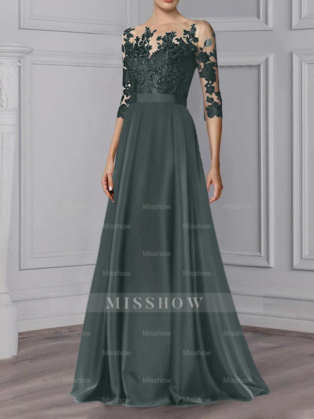 Floor-Length Mother of the Bride A-Line Dress with Jewel Neck and 3/4 Sleeves
