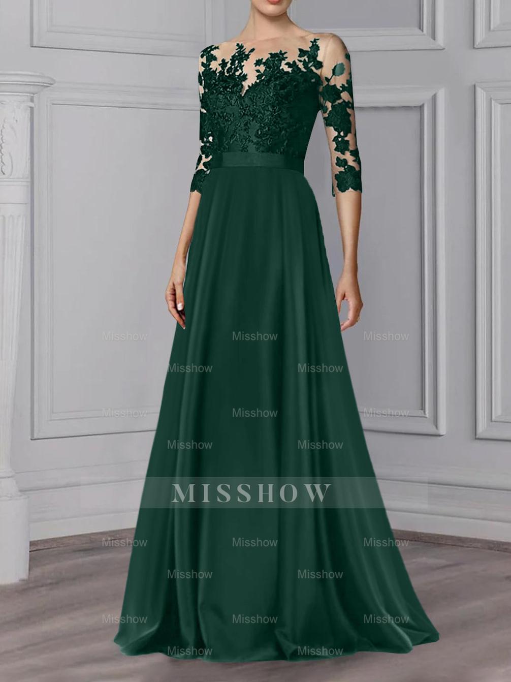 Floor-Length Mother of the Bride A-Line Dress with Jewel Neck and 3/4 Sleeves