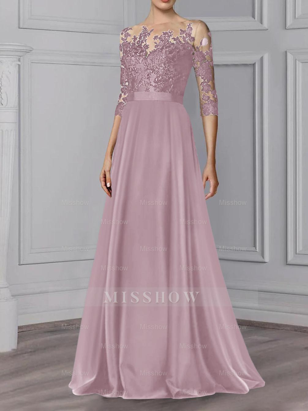 Floor-Length Mother of the Bride A-Line Dress with Jewel Neck and 3/4 Sleeves